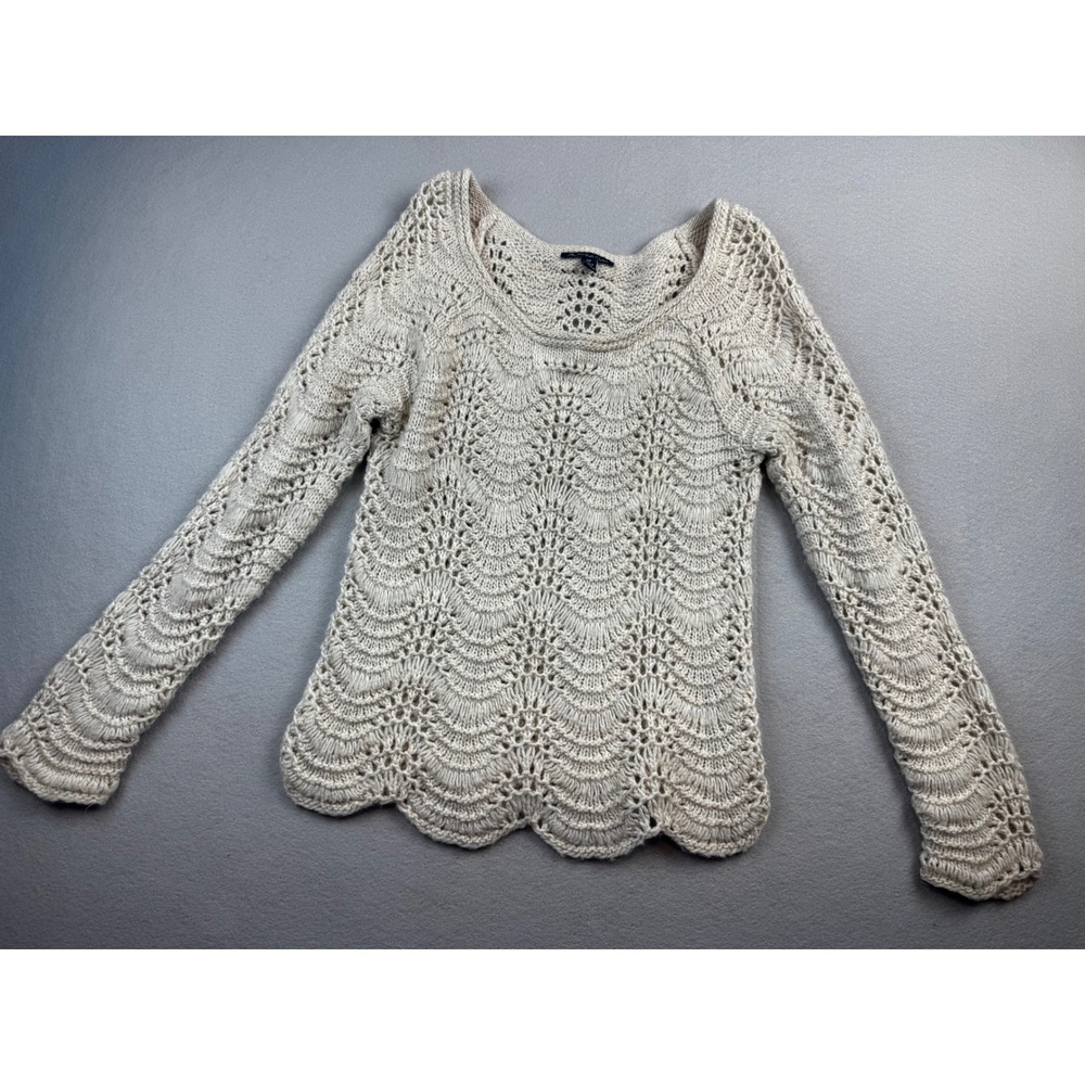 American Eagle Women Cream Pointelle Knit Scalloped Hem Sweater Small Boho Wool